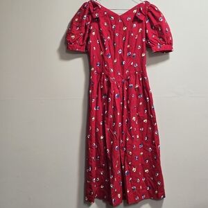 Vintage Floral Red Midi Dress Wth Bows Embellishment On Shoulders.